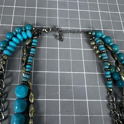 FAUX, FUN 4 Strand Costume Jewelry Marked SAQ, Brass and Turquoise COLOR 