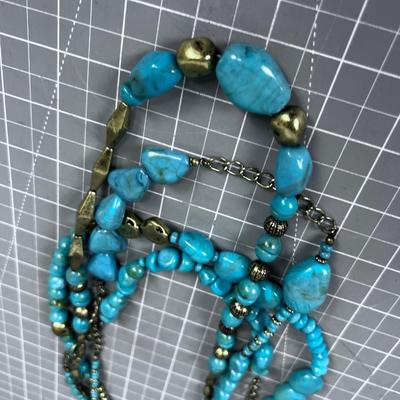 FAUX, FUN 4 Strand Costume Jewelry Marked SAQ, Brass and Turquoise COLOR 