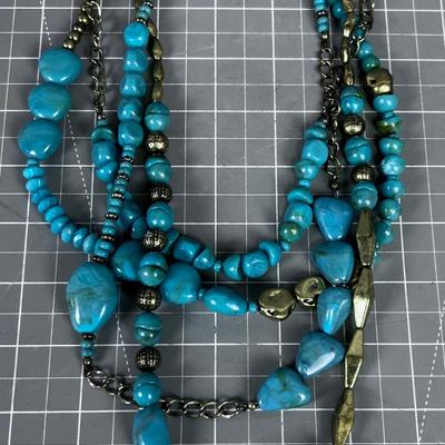 FAUX, FUN 4 Strand Costume Jewelry Marked SAQ, Brass and Turquoise COLOR 