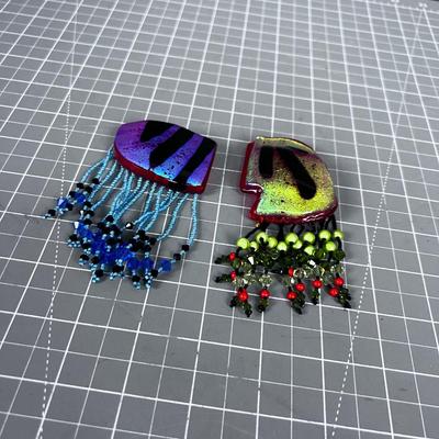 2 Hand Blown Glass and Beaded Exotic Pins