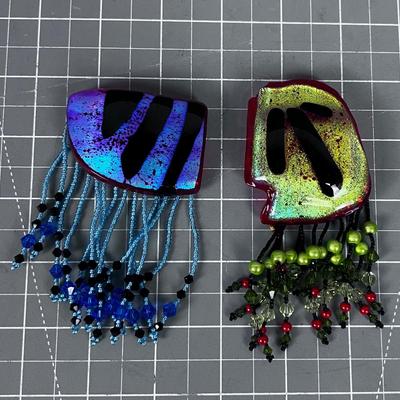2 Hand Blown Glass and Beaded Exotic Pins
