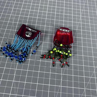 2 Hand Blown Glass and Beaded Exotic Pins