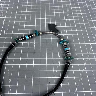 Eagle, Turquoise, Almost Black Beads in Silver NECKLACE