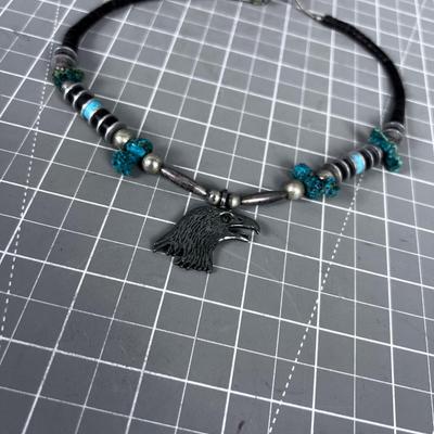 Eagle, Turquoise, Almost Black Beads in Silver NECKLACE