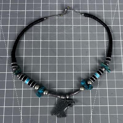 Eagle, Turquoise, Almost Black Beads in Silver NECKLACE