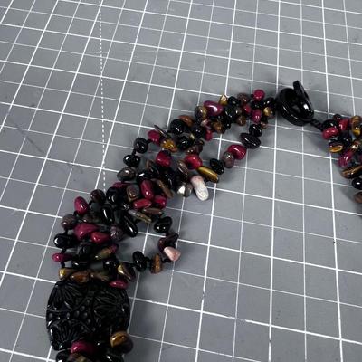 Stone Red and Black Necklace. Carved Large Black Bead