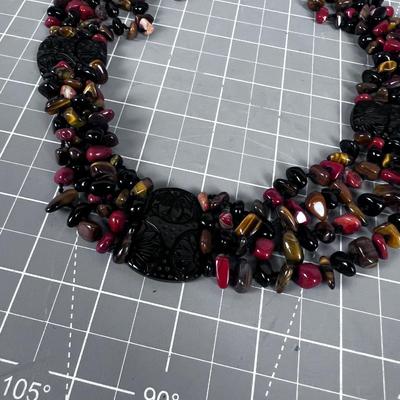 Stone Red and Black Necklace. Carved Large Black Bead