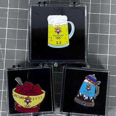 (3) 2002 Winter Olympics Pins in Box - Beer and Red JELLO ®