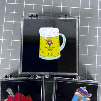 (3) 2002 Winter Olympics Pins in Box - Beer and Red JELLO ®