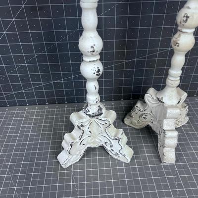 (2) Candle Sticks, Tin Metal Shabby Chic 
