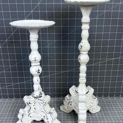 (2) Candle Sticks, Tin Metal Shabby Chic 