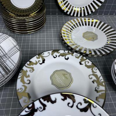 Gold Rimmed Dessert Plates and Saucers, NEW 