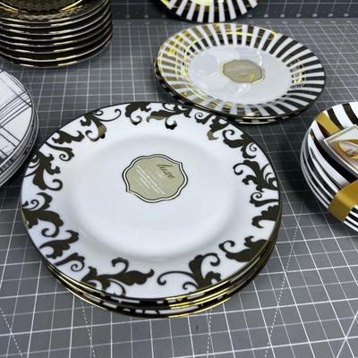 Gold Rimmed Dessert Plates and Saucers, NEW 