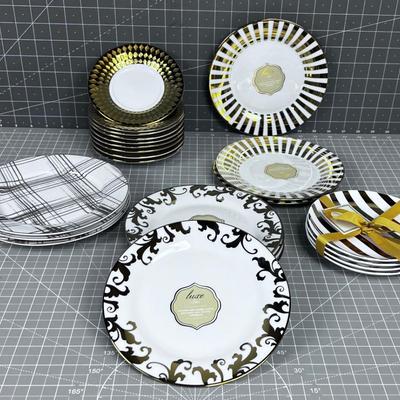 Gold Rimmed Dessert Plates and Saucers, NEW 