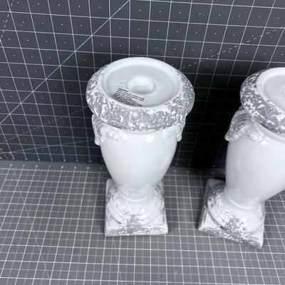 (2) White Porcelain Candle Holders 