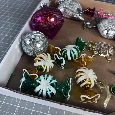 Tray of Glass Ornaments, Mercury Glass, Colored Candy