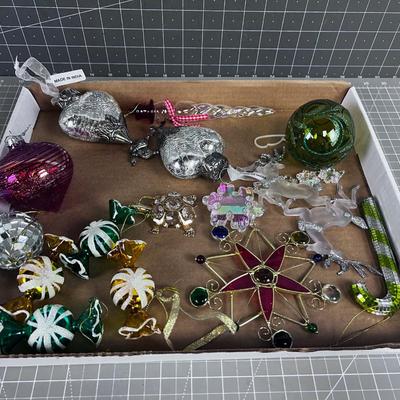 Tray of Glass Ornaments, Mercury Glass, Colored Candy