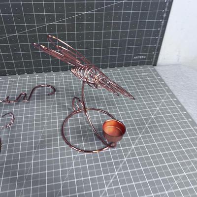 Copper Colored Lady Bug Mobil and Dragonfly Votive Holder. 
