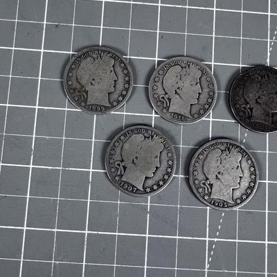 (5) Barber 90% Silver Half Dollars 1899 - 1911