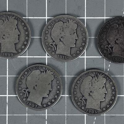(5) Barber 90% Silver Half Dollars 1899 - 1911