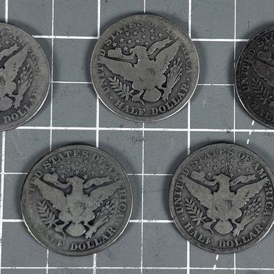 (5) Barber 90% Silver Half Dollars 1899 - 1911