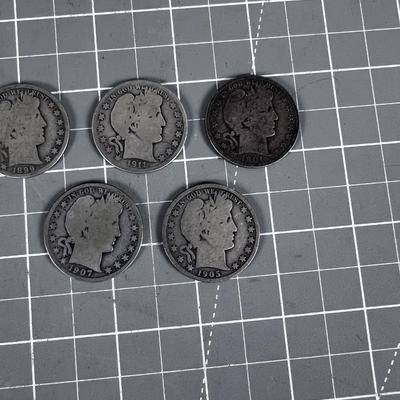 (5) Barber 90% Silver Half Dollars 1899 - 1911