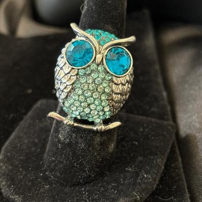Silver tone owl adjustable rhinestone pin