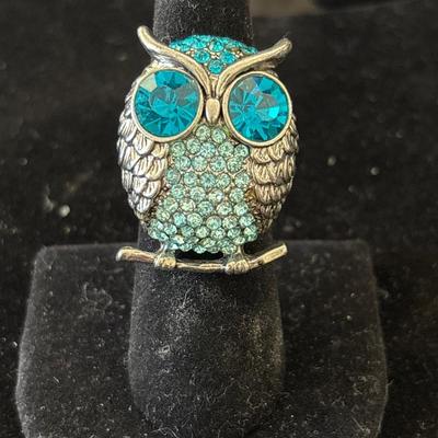 Silver tone adjustable rhinestone owl ring