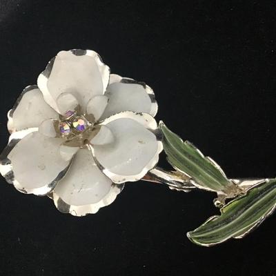Huge white enamel flower brooch vintage, very large milky beige peony lapel pin