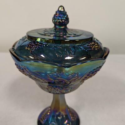 Indiana Carnival Iridescent Glass Amethyst Blue Harvest Grape Candy Dish