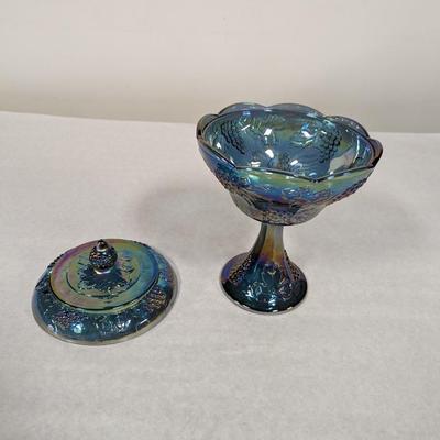 Indiana Carnival Iridescent Glass Amethyst Blue Harvest Grape Candy Dish