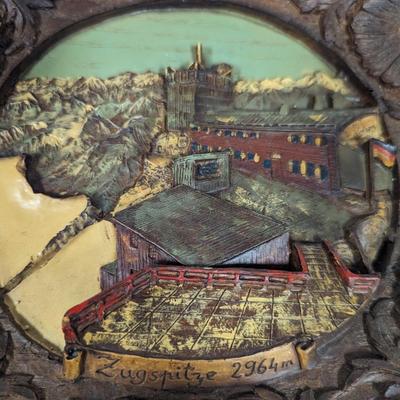 Vtg Zugspitze 2964m Germany 3-D Souvenir Plate Handpainted Pressed Wood