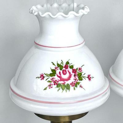 Set of 2 Vintage Floral Design Milkglass Lamps