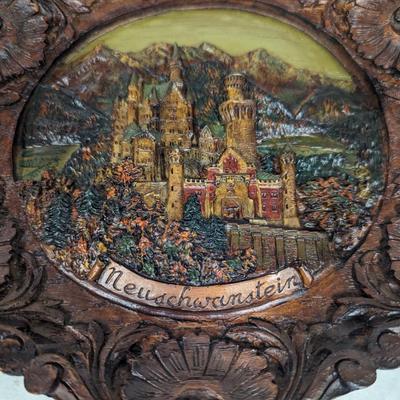 Vtg Neuschwanstein Castle Germany 3-D Souvenir Plate Handpainted Pressed Wood
