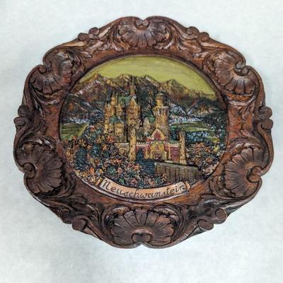 Vtg Neuschwanstein Castle Germany 3-D Souvenir Plate Handpainted Pressed Wood