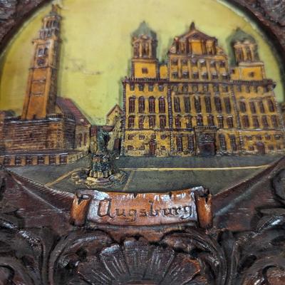 Vtg Augsburg Castle Germany 3-D Souvenir Plate Handpainted Pressed Wood
