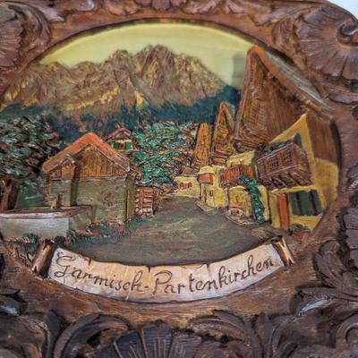 Vtg Garmisch Partenkirchen Germany 3-D Souvenir Plate Handpainted Pressed Wood