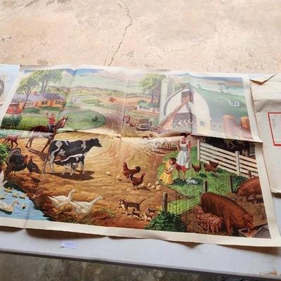 VINTAGE 1957 POSTER #1257 BY FIELD ENTERPRISES INC. CHILDCRAFT FARM SCENE