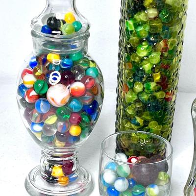 Over 200 Vintage Marbles in Old Glass Jars