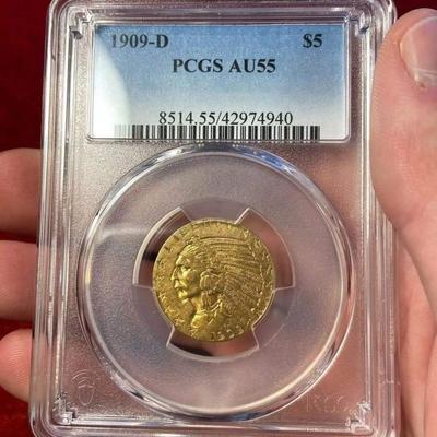 1909 D Gold coin 5 $ gold coin AU 55 Reserve set