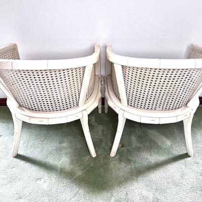 Set of 2 MCM Bamboo Barrel Chairs with Cushions and Cane Backs/Seats