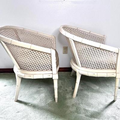 Set of 2 MCM Bamboo Barrel Chairs with Cushions and Cane Backs/Seats