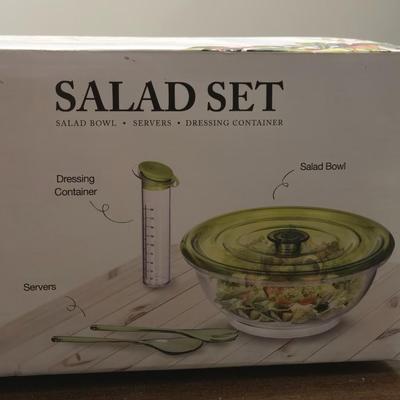 Salad Set - Bowl w/ Lid, Serving Utensils, & Dressing Container