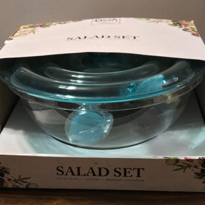 Salad Set - Bowl w/ Lid, Serving Utensils, & Dressing Container