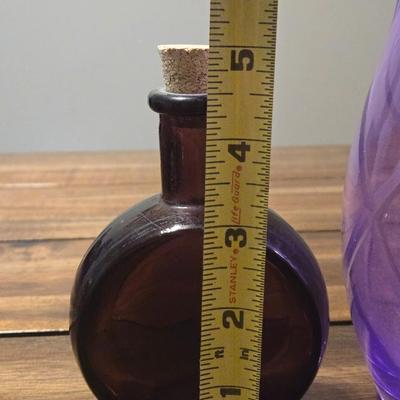 Purple Cut Glass Vase and Apothecary Style Brown Glass Bottle
