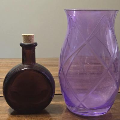Purple Cut Glass Vase and Apothecary Style Brown Glass Bottle