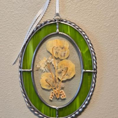 Green Stained Glass and Pressed Flowers in Glass Art
