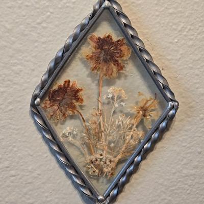 Diamond Shaped Glass with Pressed Flowers Art
