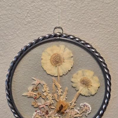 Round Glass with Pressed Flowers Art