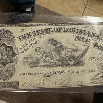 State of Louisiana V note 5$ 1862 Baton Rouge Louisiana Confederate States $5 Banknote Civil War, 30 VF